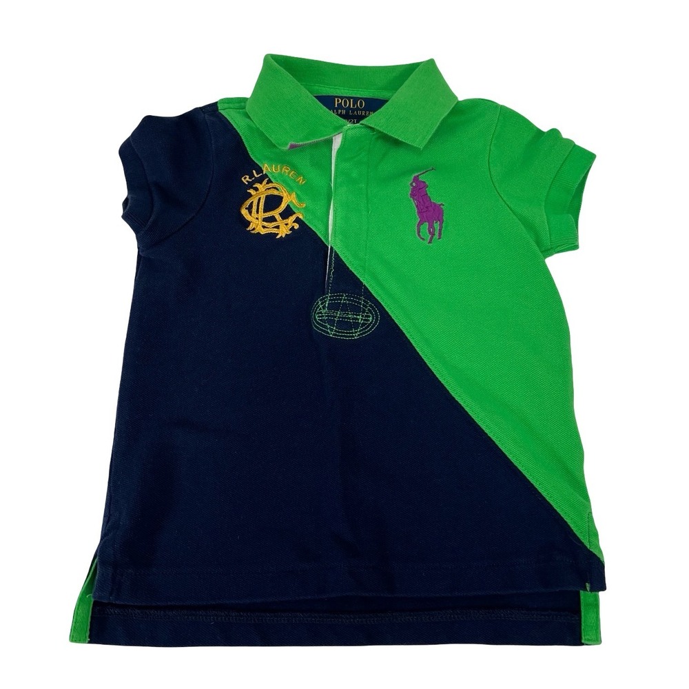 Polo Ralph Lauren Toddler 2T Colorblock Pony Crest Pique Polo Shirt Green Navy